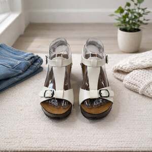 Agape Collection White Leather T-Strap Wedge Sandals Size 8